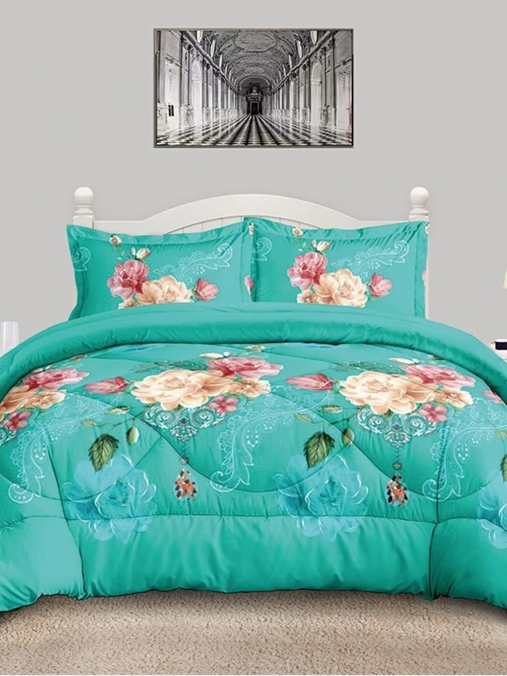 Floral Red Comforter Set with Rose Print - Unbranded